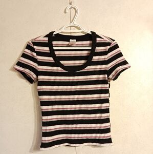 Scoop Neck T Shirt Striped Shirt Black and Pink Girlhoodcore Top Casual T shirt